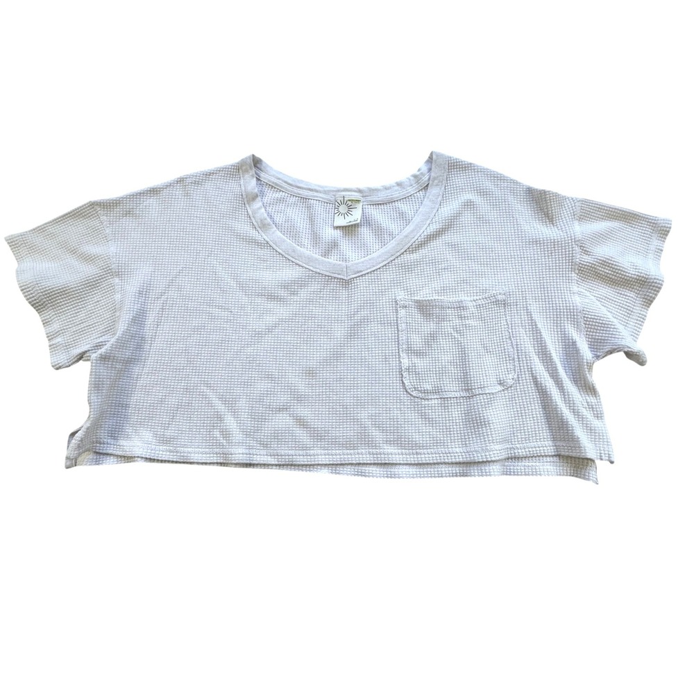 Offline by Aerie White Waffle Knit Crop Top Womens Large V Neck Pocket Coquette